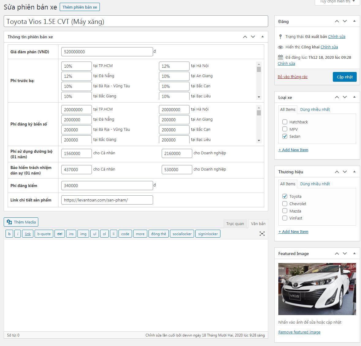 Giao diện quản trị - Plugin WP - Bảng tính chi phí mua và trả góp Ôtô theo lãi vay