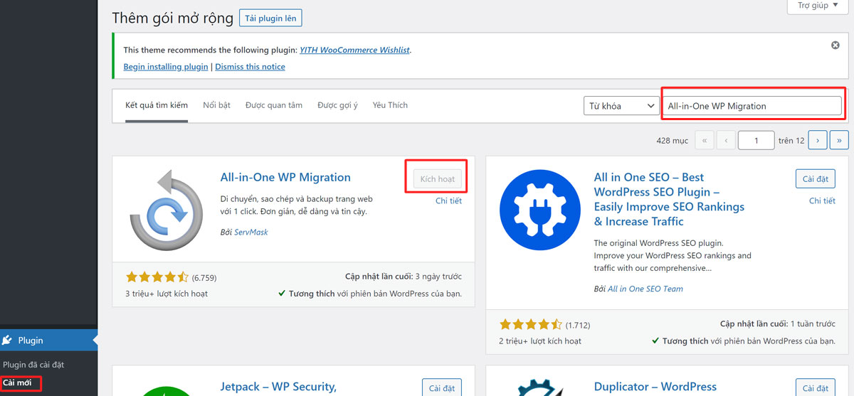 Cài đặt Plugin All-in-One WP Migration